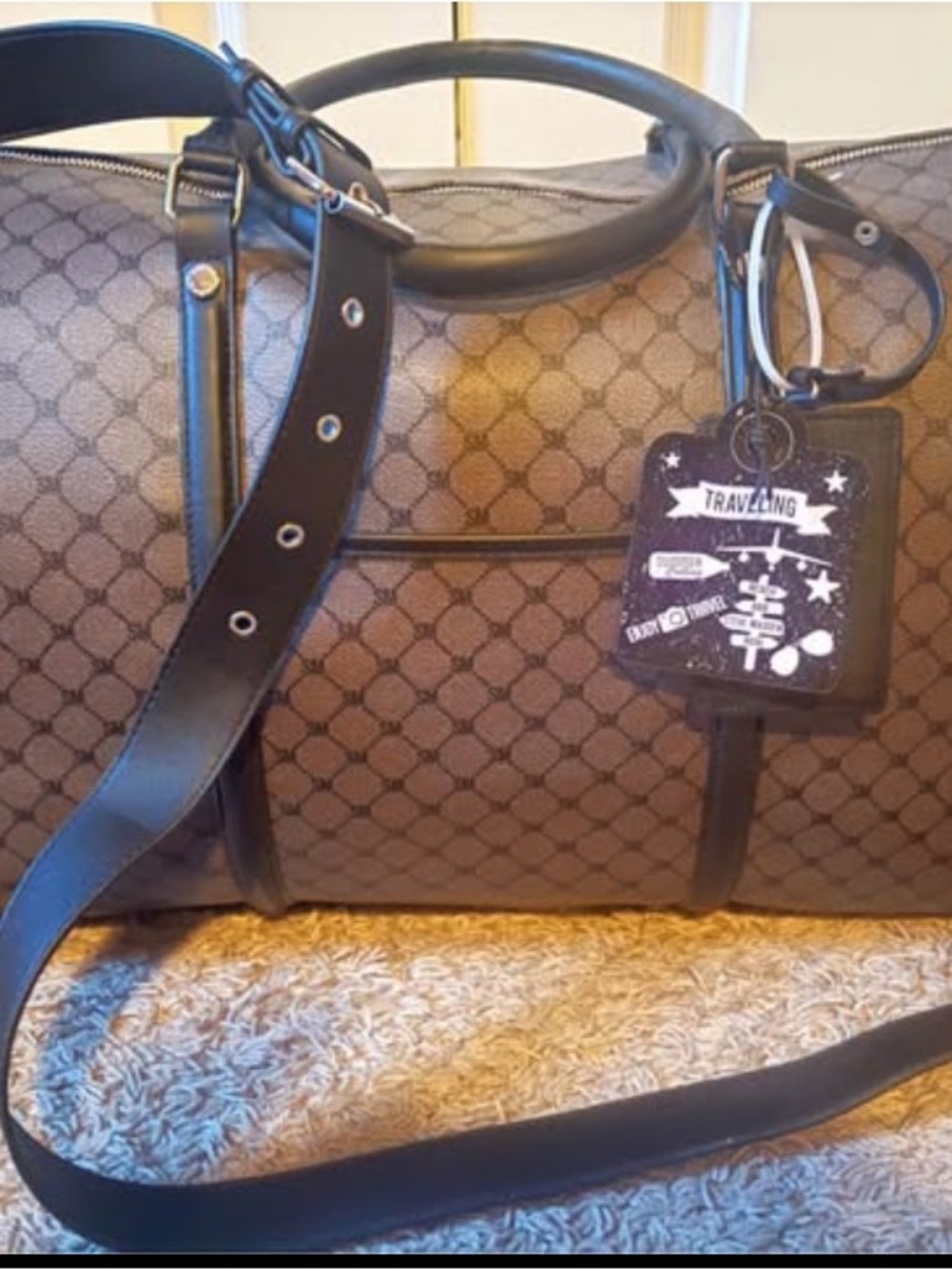 Steve Madden Brown Patterned Travel Duffel with Black Trim